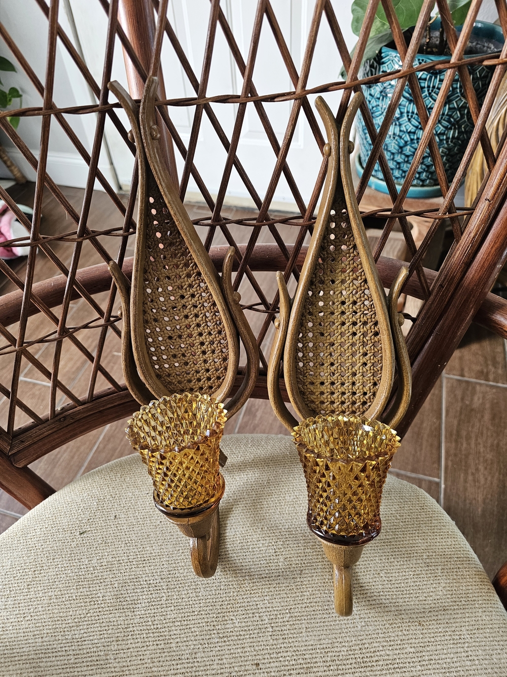 Amber Glass and Faux Wood Wall Sconces - Pair MCM  Pair